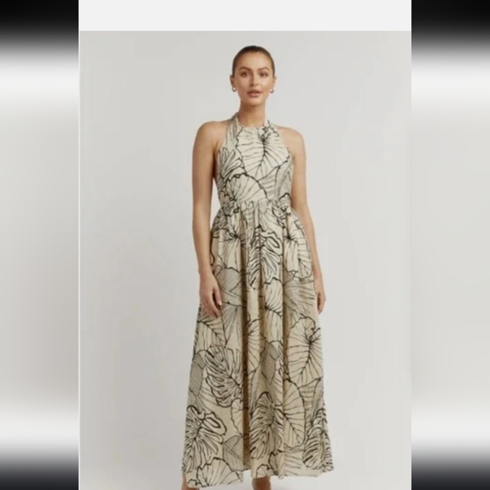 DISSH Malta Palm Linen Halter Dress - Size 6
